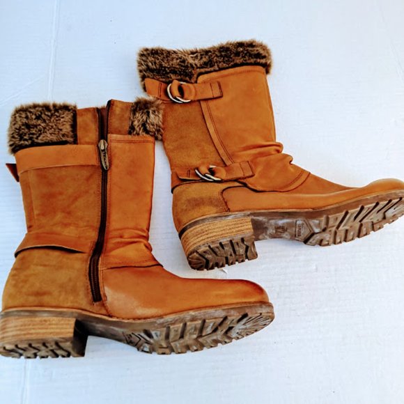 Tamaris Shoes - Tamaris Boots Leather Fur Trim Cognac Brown Side Zip Buckles Straps